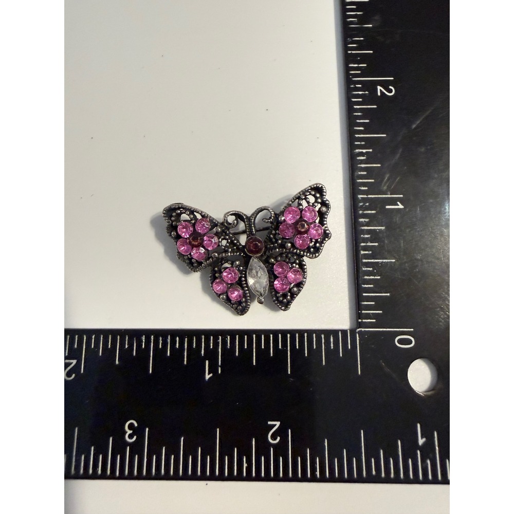 Vintage‎ Silver Tone Pink Rhinestone Butterfly Brooch Pin Filigree Whimsical